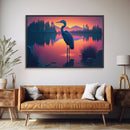 A stork standing in a calm lake at sunset, framed canvas print