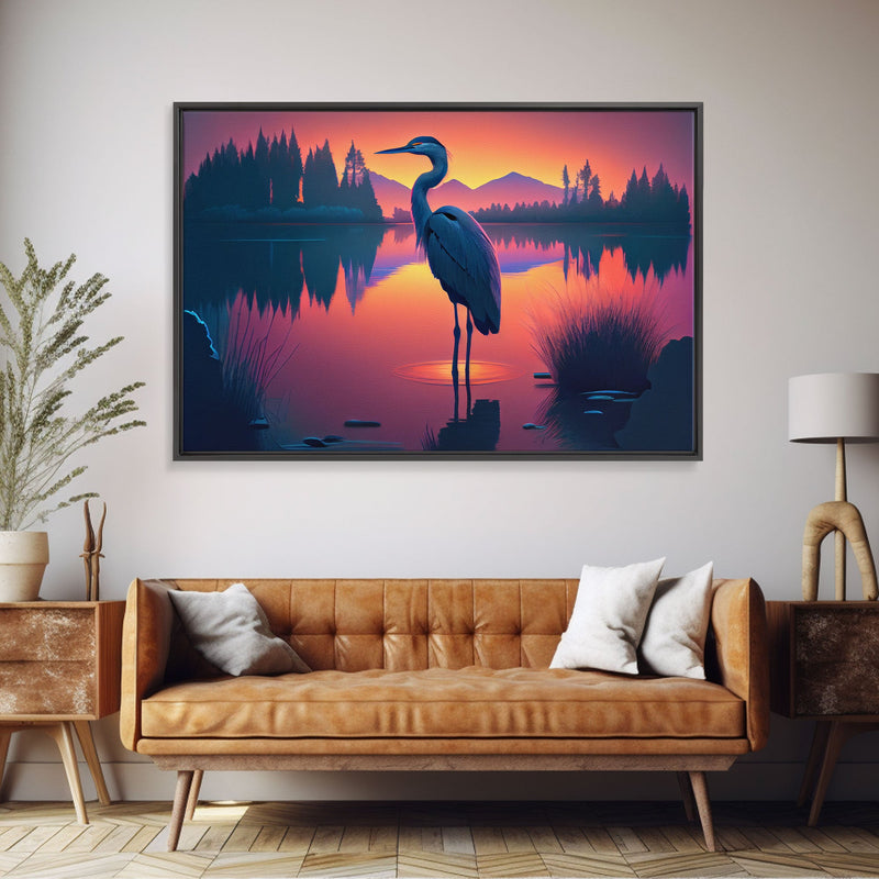 A stork standing in a calm lake at sunset, framed canvas print