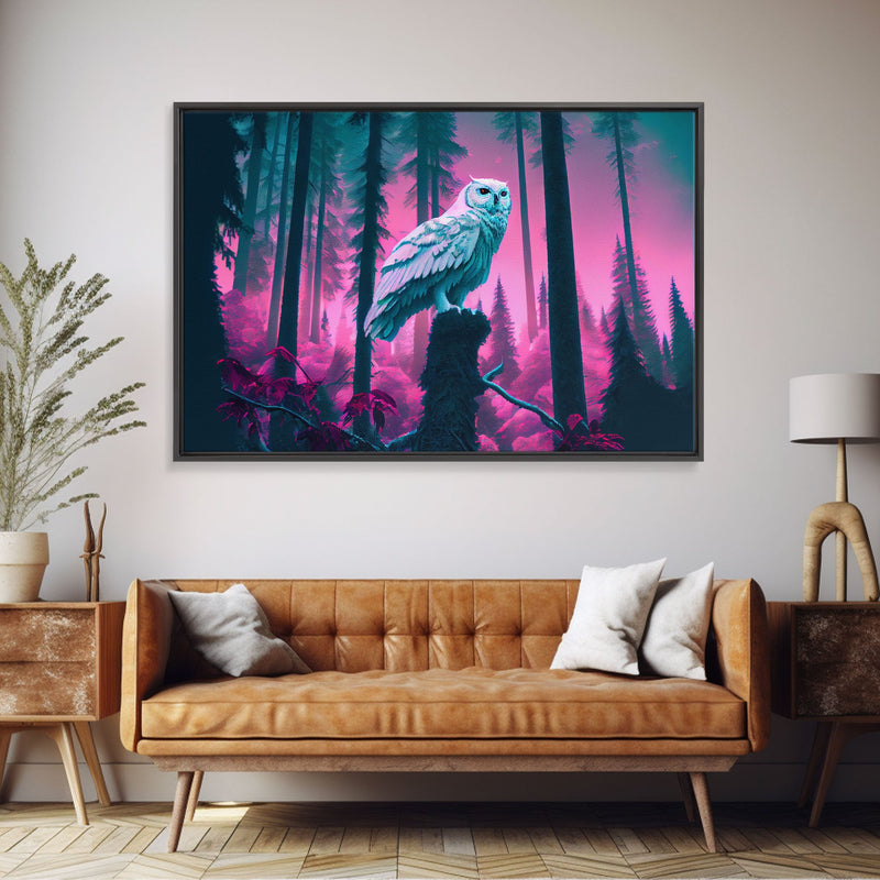 White owl in synthwave forest, vaporwave style animal print art, framed canvas print