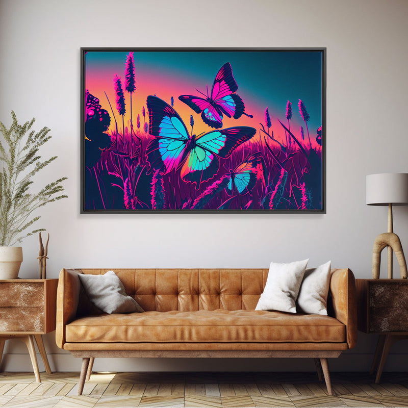 Beautiful turquoise butterfly art, vaporwave aesthetic pastel art, framed canvas print, synthwave art