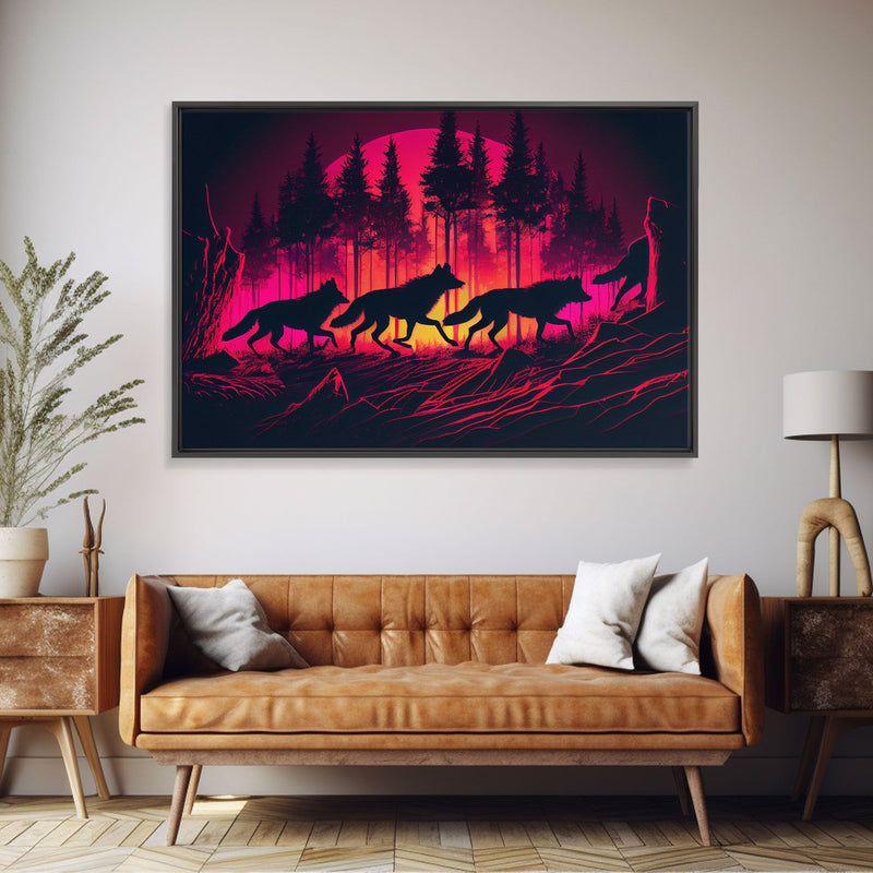 Wolf Pack on the hunt at sunset, synthwave animal art, framed canvas print