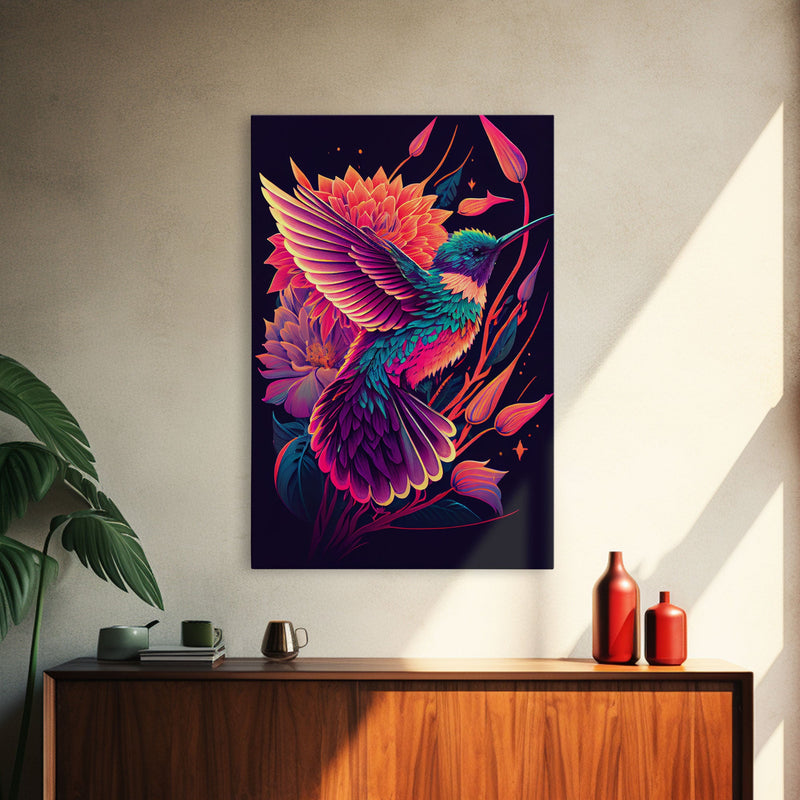 Beautiful Retro-Wave Humming Bird, framed canvas print, Colorful farmhouse wall art