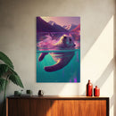 Cute Otter going for a swim, pastel retro style art, framed canvas print, Otter out for a swim in a mountain lake