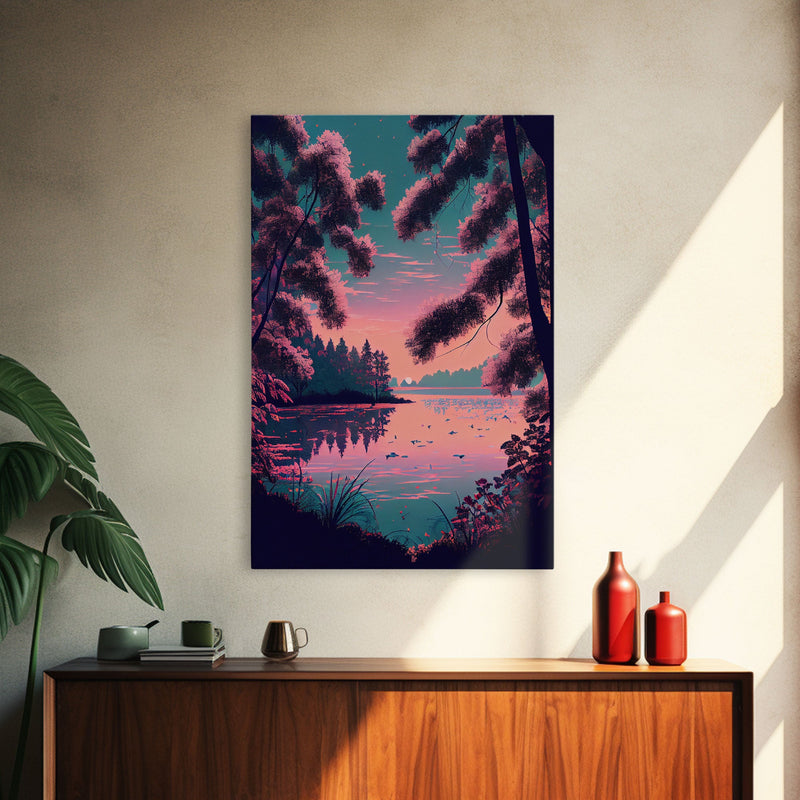 Beautiful Sunset over the lake, My Secret Spot, framed canvas print, Pinkwave retro style landscape art