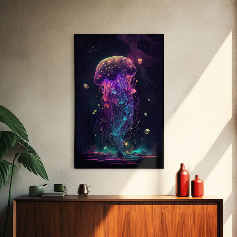 Bioluminescent Cosmic Jellyfish against a Starry night sky, JellyFish Art, Framed Canvas Print, synthwave style art