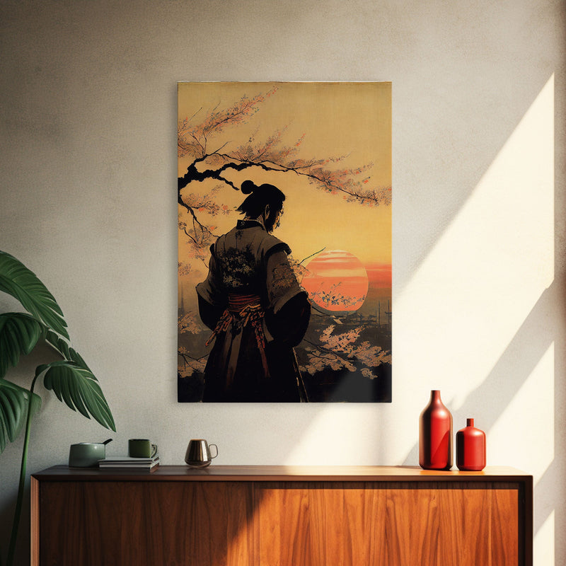 Watercolor of a Samurai observing a sunset, Framed Canvas Print, unique wall art