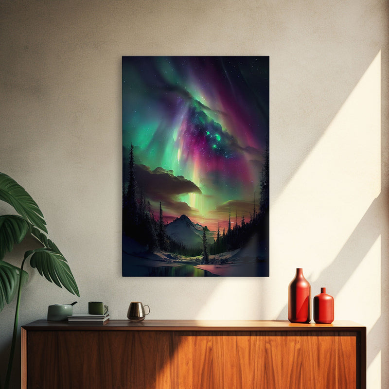 Aurora Borealis, Northern Lights Art, framed canvas print, snow capped mountain landscape art