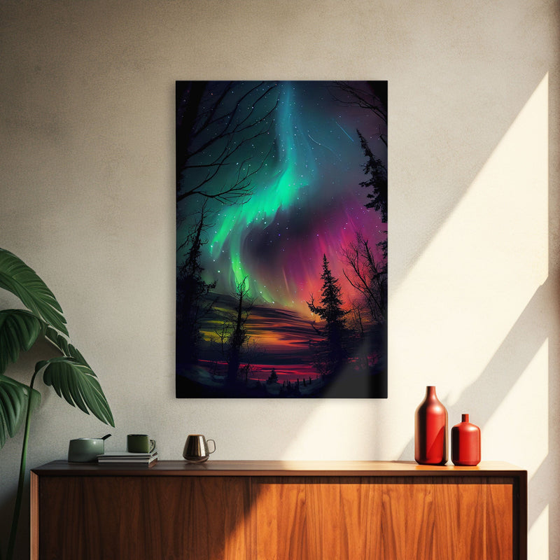 Aurora Borealis, Northern Lights Art, framed canvas print, snow capped mountain landscape art