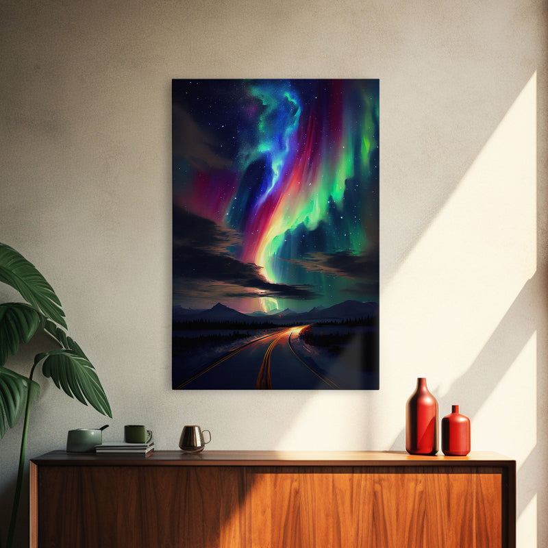 Winter road Under the Aurora Borealis, Northern Lights Art, framed canvas print, snow capped mountain landscape art