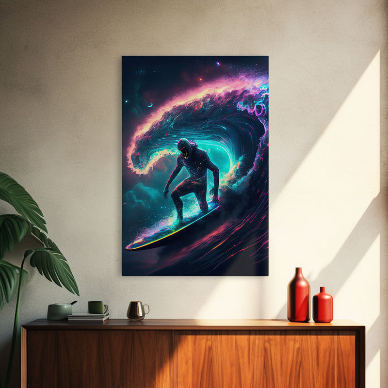 Astronaut surfing the stars, Cosmic Surfer, Galaxy Art, framed canvas print, unique colorful wall art