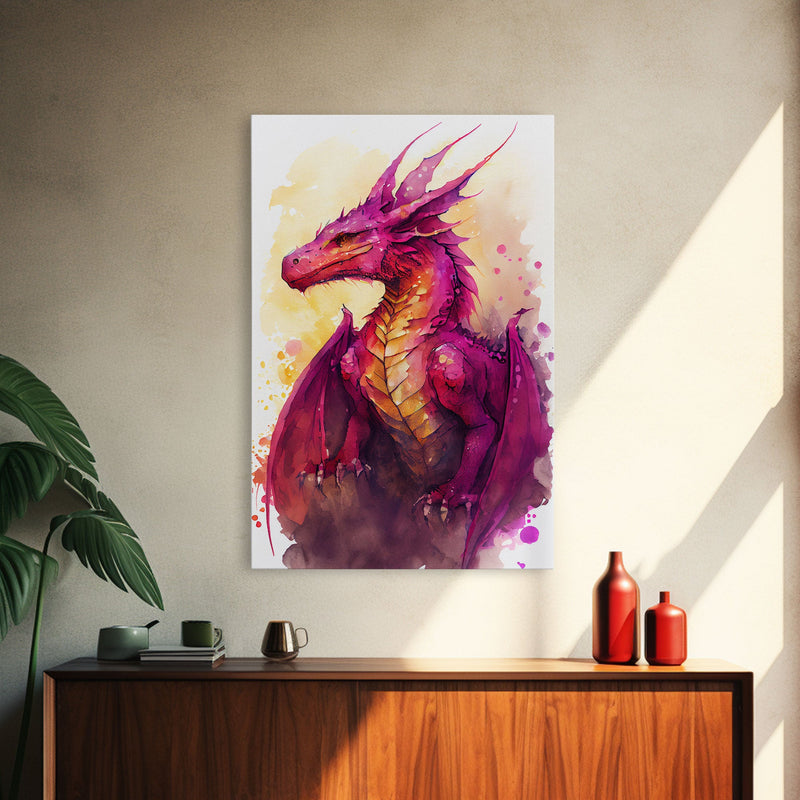 Watercolor painting of a dragon, framed canvas print