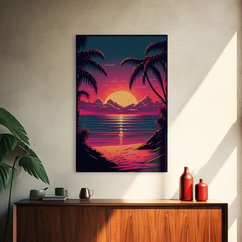 8 bit pixel art sunset, synthwave style palm tree beach, framed canvas print, framed wall art painting