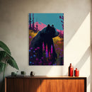 Cute brown bear stopping to smell the flowers, animal prints, framed canvas print, colorful unique wall art