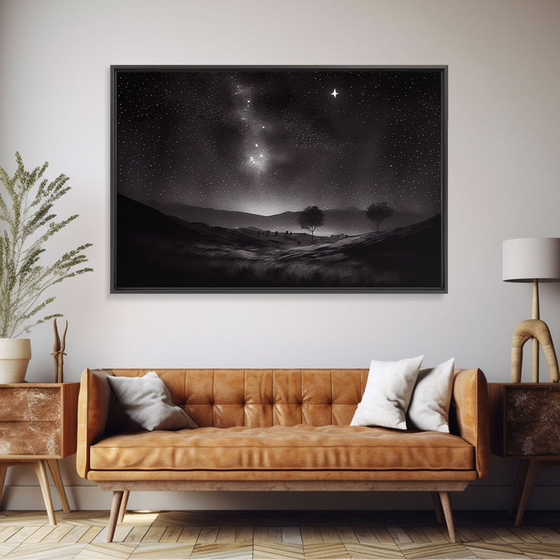 Black and white Watercolor of a starry night sky over the planes of Texas, framed canvas print