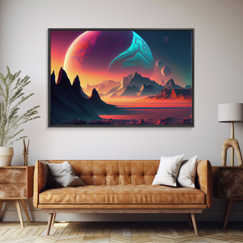 3 Moon Fantasy World, Retro Style Sci-Fi Art, Framed Canvas Print, Futuristic Art, Fantasy Decor