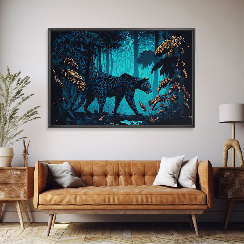 Black and Turquoise Panther, framed canvas print, unique wall art, wildlife canvas art, living room wall art