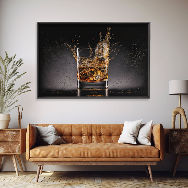 Whiskey Wall DÃ©cor, Glass of Whiskey with Splash, Man Cave Wall Art, Whisky Artwork, Home Bar Decor, Framed Canvas Print, Manly Art