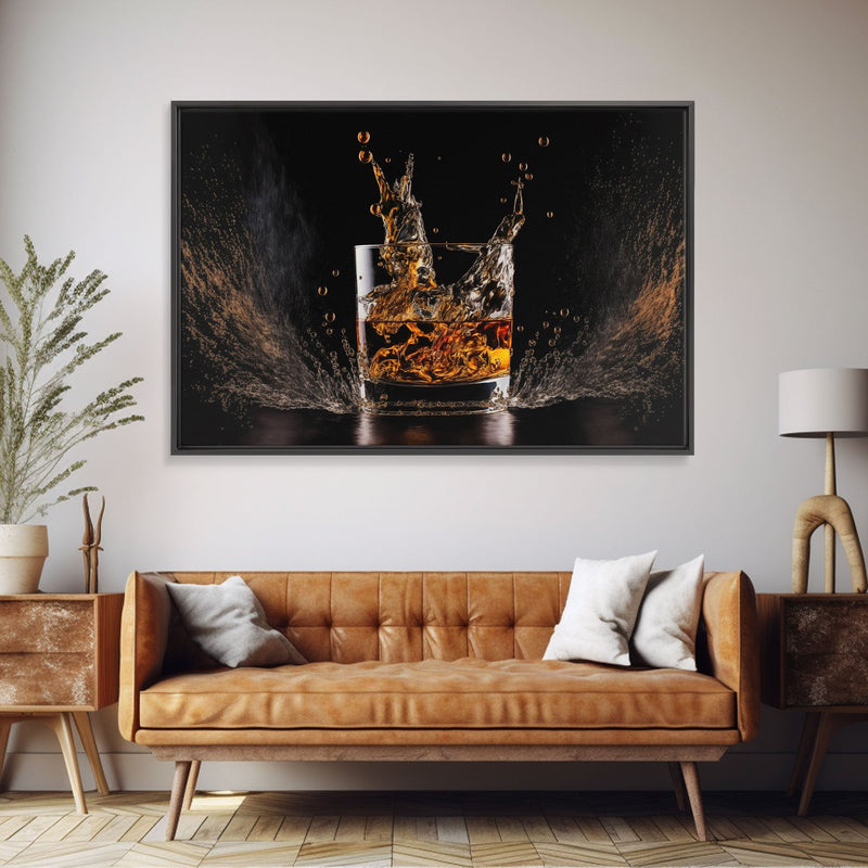 Whiskey Wall DÃ©cor, Ice falling into a glass of whiskey, modern / contemporary bar wall art, framed canvas print