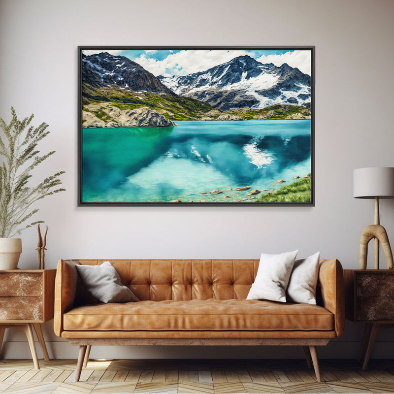 Watercolor painting canvas print of a mountain lake landscape, framed canvas print, framed wall art