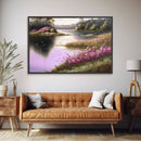 Pink flower landscape art, beautiful nature watercolor painting canvas print, Framed Canvas Print, Wall decoration, living room wall art