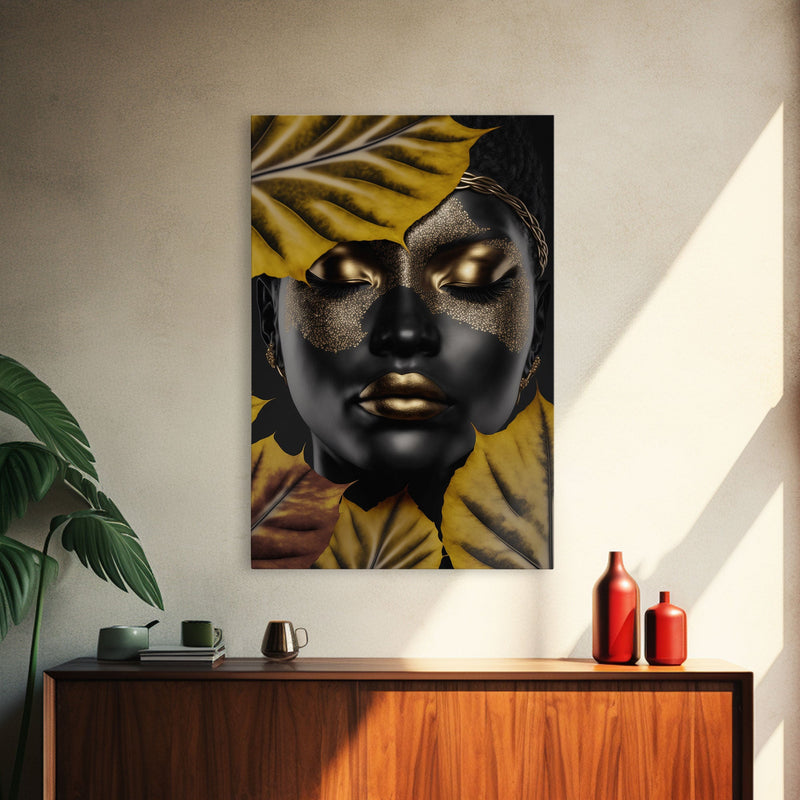 Beautiful Woman Art Framed Canvas Print Black Gold Woman Wall Art Lady Print, Gold Face Leaves Palm decor ready to hang Ethnic girl portrait