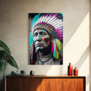 The Warrior, Native American Chief, Graffiti Art Portrait, Framed Canvas Print, Rainbow Feather Mohawk, Pop Art Portrait
