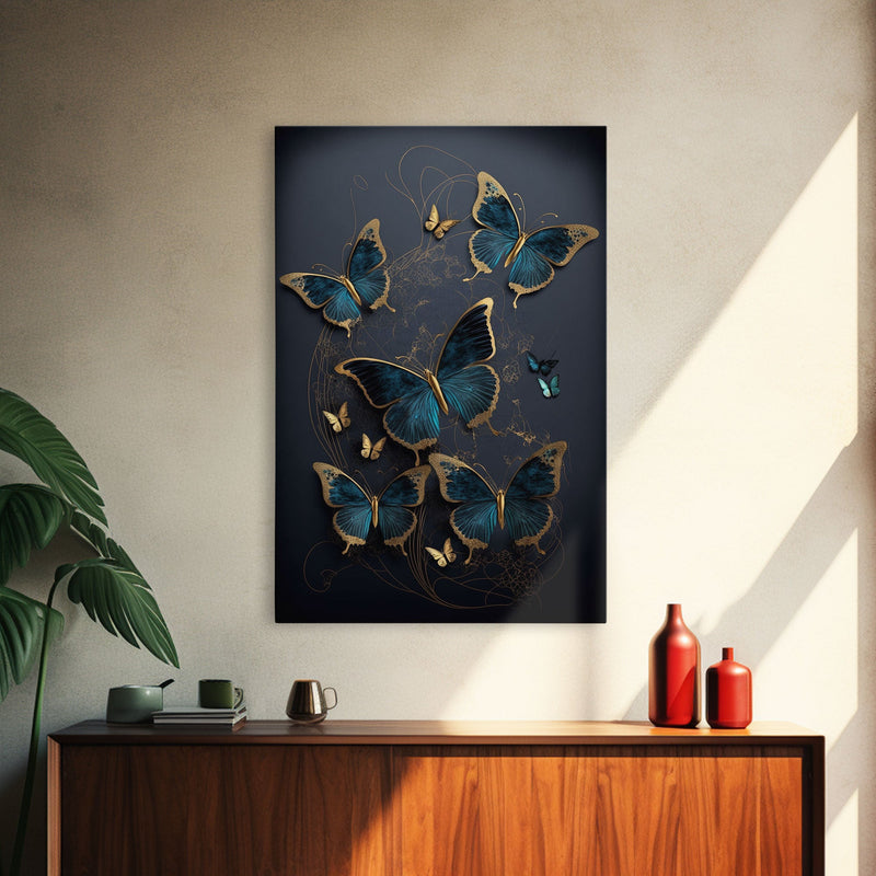 Blue Butterflies Canvas Print Wall Art, Blue and Gold Butterfly Canvas Painting, Butterfly Wall Decor, Home Gift, ready to hang decor