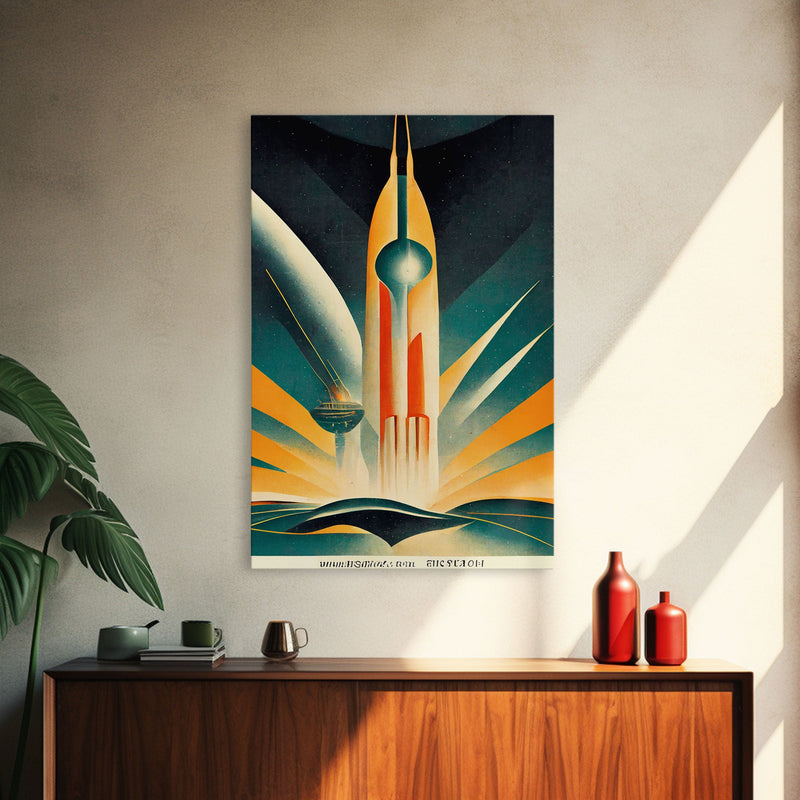 Art Deco Style Spaceship, Space Exploration, Science Fiction / SciFi Canvas Print, Ready to Hang Wall Art