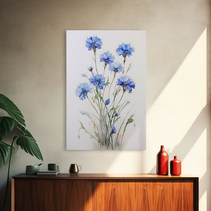 Blue Bachelor Buttons Art Print - Framed Giclee Oil Painting Print - Oil Painting Still Life Original - Large Flower Canvas Print or Poster