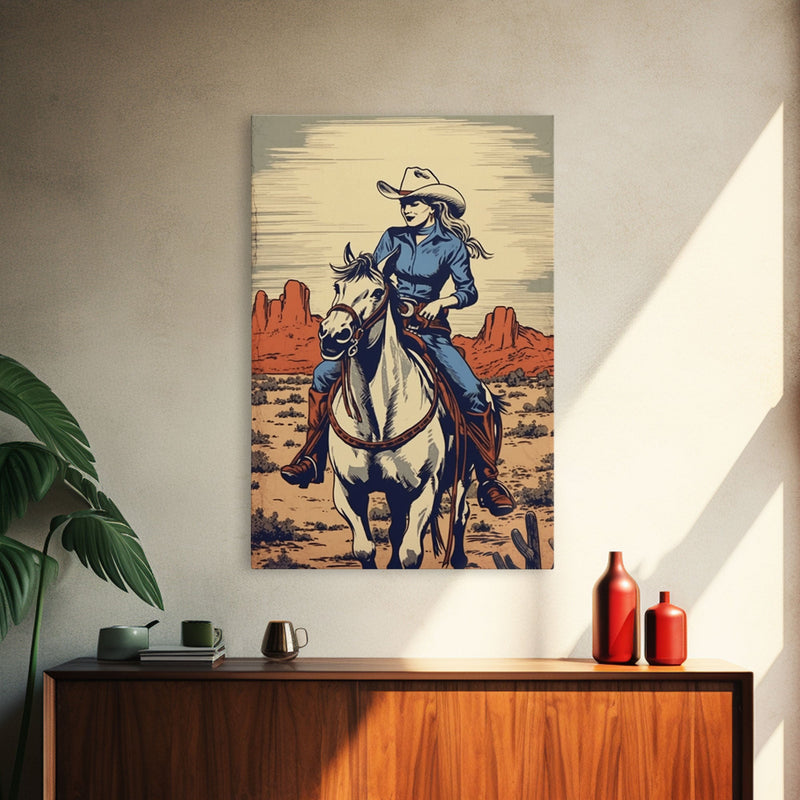 Western Cowgirl Art, 24x36 Canvas Print, Equestrian Wall Art, Cowboy Decor, Southwestern Art, Wild West Retro Decor, Western Comic Book Art