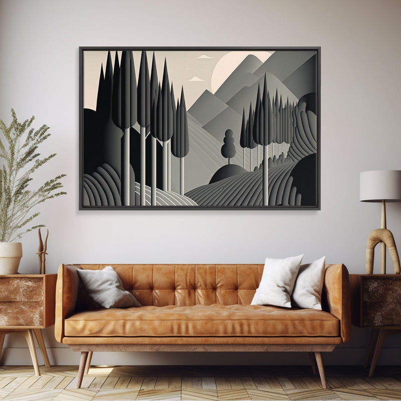 Art Deco Style Greyscale Landscape, Monochromatic Drab and Dreary art, framed canvas print, large format art