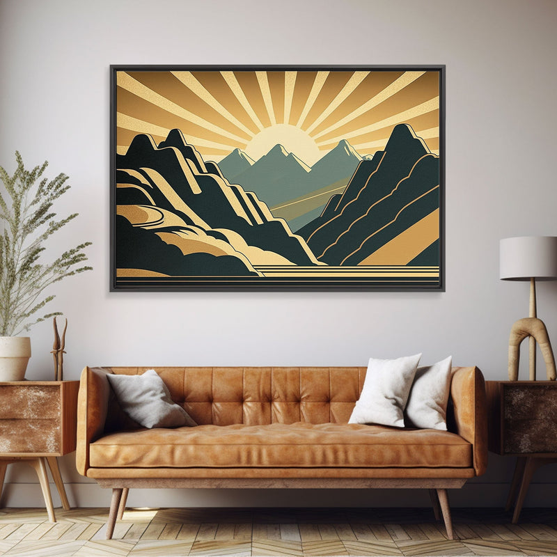 Art Deco Style Mountain landscape at Sunset, Framed Canvas Print, Large Format Wall Art, Huge Wall Decor