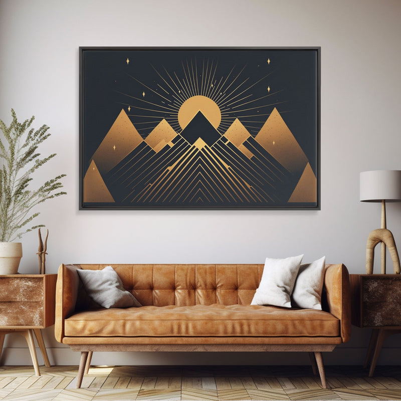 Art Deco Style Mountain landscape at Sunset, Framed Canvas Print, Large Format Wall Art, Huge Wall Decor, Black and Gold