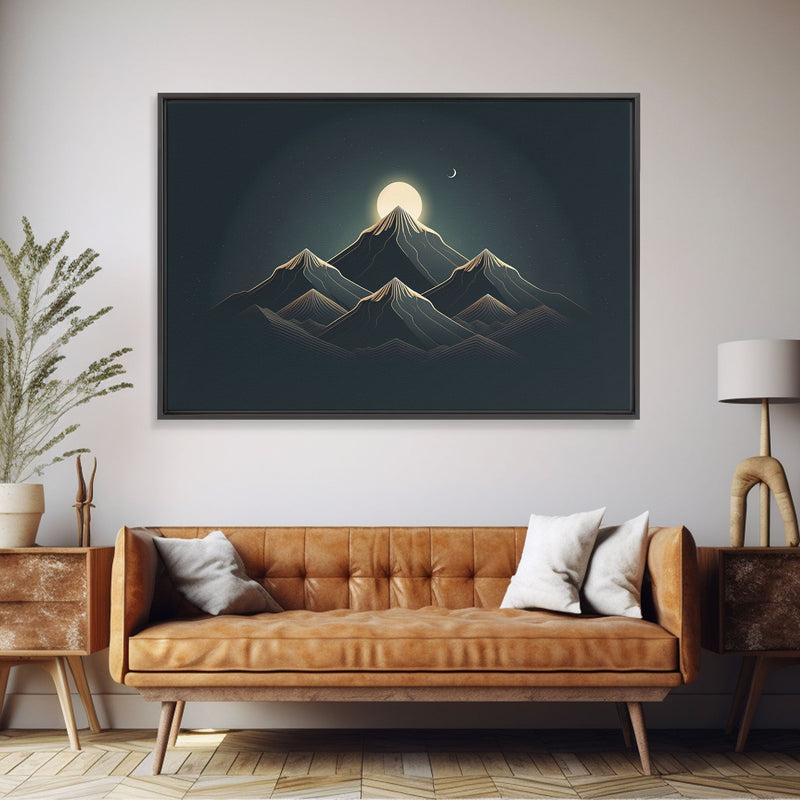 Black and Gold Art Deco Style Mountain landscape at Sunset, Framed Canvas Print, Large Format Wall Art, Huge Wall Decor