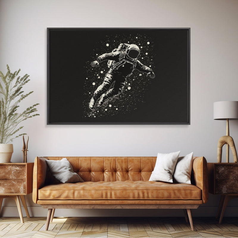 Adrift - Astronaut Lost In Space - Framed Canvas Print - Black and White Space Art