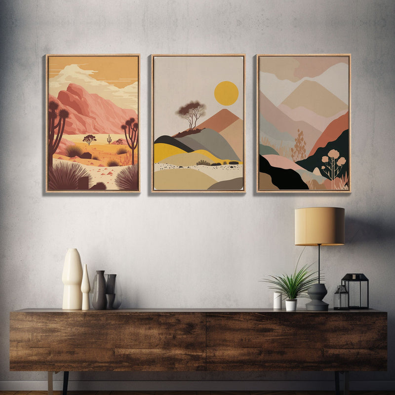 Abstract Cactus Desert Print Set of 3 Prints, Boho Decor, Desert Sun Moon Wall Art, Terracotta Blush Black Art, Framed Canvas