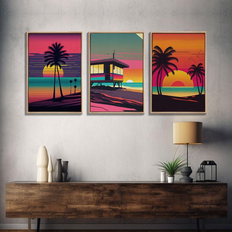 Beach Vibes, 3 Panel Wall Art, Framed Canvas Prints, Triptych Art, 3 Piece, 80s Vibes Vaporwave Wall Art, Life Guard Hut and Palm Trees