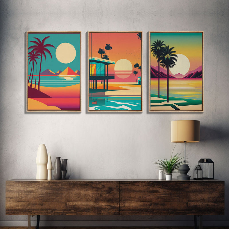 Beautiful Turquoise Retro Style Beach Art, Triptych 3 Panel Framed Canvas Prints, Palm Trees and Sunset, 80s Vibes Vaporwave Art Deco Mashup