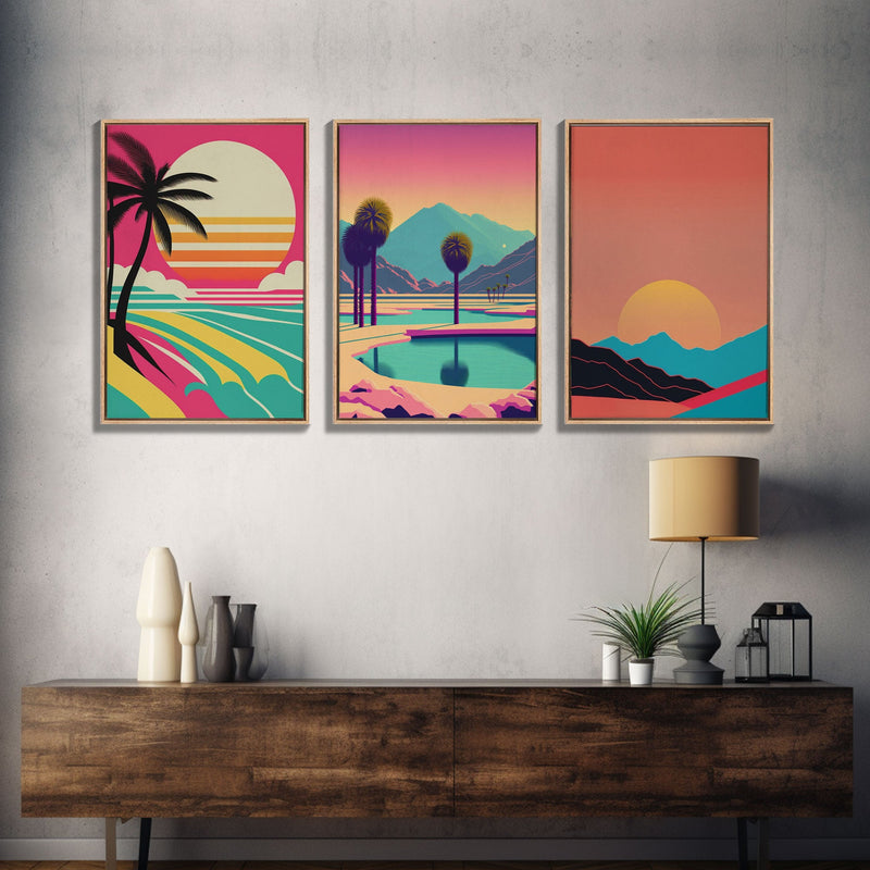 Beach Vibes - Midcentury / Art Deco / 80 Vibes Mash up - Framed Canvas Prints - Turquoise Sky and Palme Trees - 3 Panel Art, Triptych Prints