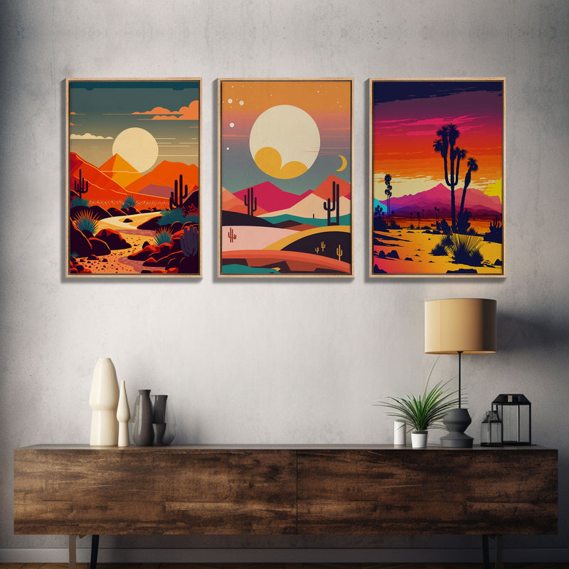 Art Deco Minimalism Desert Art, 3 Piece Triptych Art, Framed Canvas Prints, Multi-Panel Art, Desert Prints, Arizona Art, Western Decor