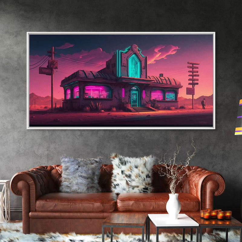 Art Deco Cyberpunk Diner, Wild West Mashup Art, Framed Canvas Print, Neon Art, Wild West Concept Art