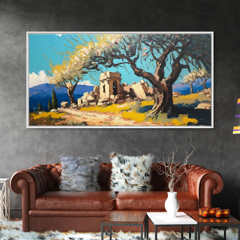 Ancient Roman Ruins, Framed Canvas Print, Old World Art, Olive Tree Amongst The Ruins, Living Room Decor