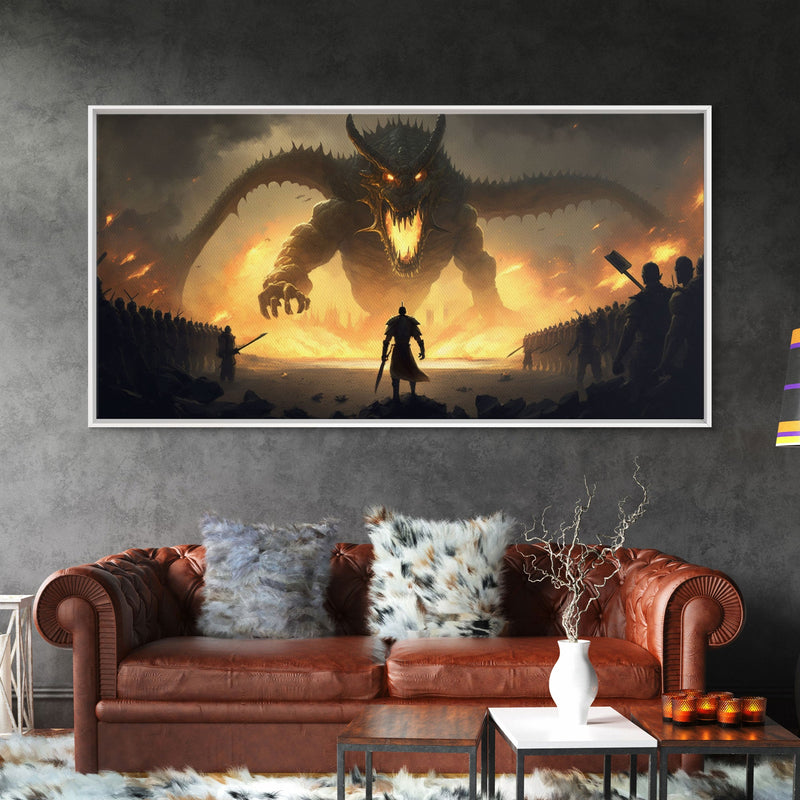 Warrior Facing Down a Dragon, Framed Canvas Print, Unique Fantasy Wall Art, In The Time of Dragons