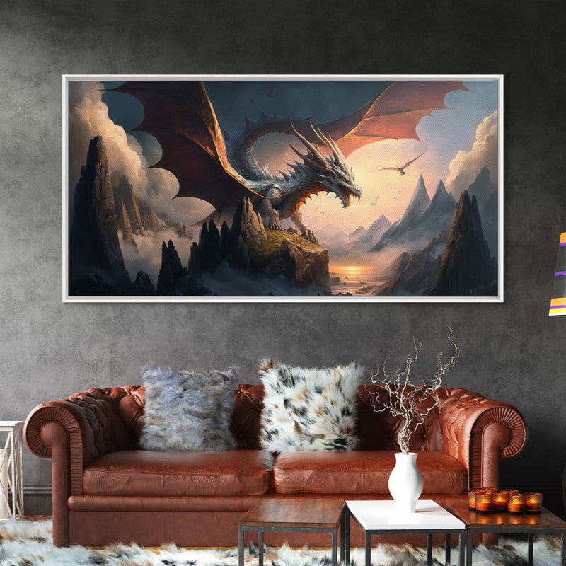 White Dragon on a Mountain Top,  Fantasy Art, Framed Canvas Print, Medieval Fantasy Art, Fire breathing dragons