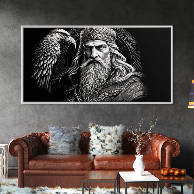 Black and White Portrait of Odin and Muninn, King of The Gods, Framed Canvas Print, Odin's Ravens, Norse Mythology Art