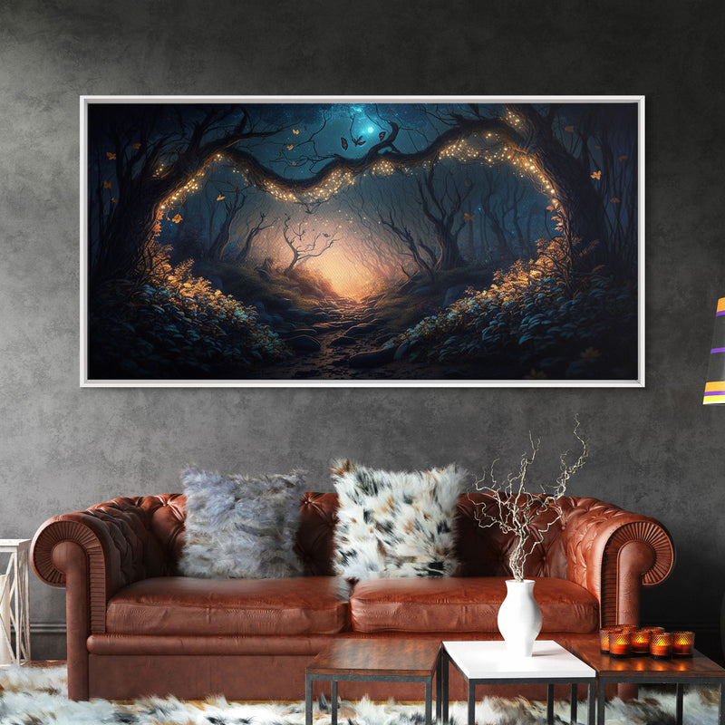 Wreath of Fireflies, Beautiful Fantasy Art, Framed Canvas Print, Moonlit Forest Floor Fantasy Concept Art