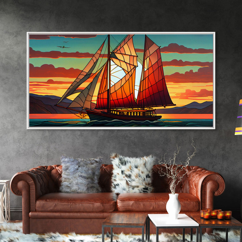 Art Deco Stained Glass Sail Boat Wall Art | Framed Canvas Print | Nautical Art | Seascape Art | Beach House Decor