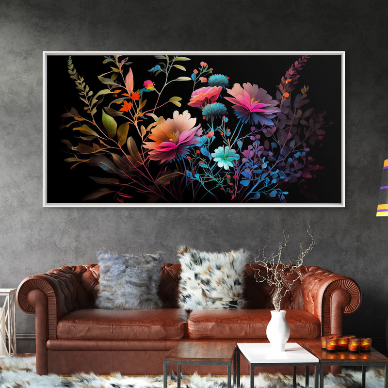 Wild Flower Art, Black Background, Framed Canvas Print, Canvas Art, Mother's Day, Watercolor Painting of Flowers on Canvas, Living Room Art