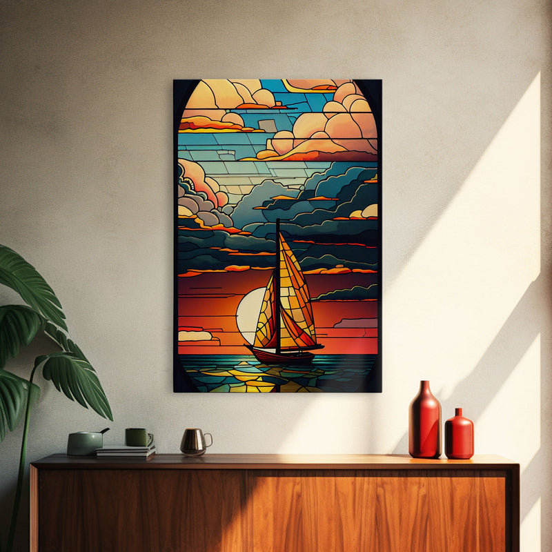 Art Deco Wall Art, Sailboat and Sunset Framed Canvas Print, Art Deco / MCM Wall Art, Stained Glass Reflections