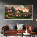 English cottage with rose garden, canvas print, cute English countryside wall art